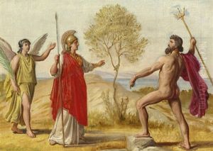 Pallas Athene, Followed By The God Of Victory Nike, Disputes With Poseidon by Constantin Hansen