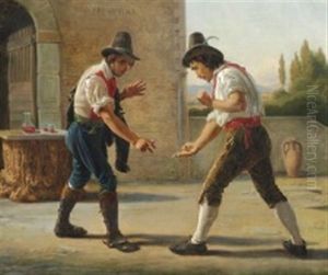 Two Morra Players Outside An Osteria, On The Wall Is Written "spaccio Di Vino