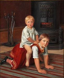 To Born (elise Og Og Signe Konstantin H.) Leger Foran En Kakkelovn - Det Ene Rider Paa Det Andets Ryg To Born (elise Og Og Signe Konstantin H.) Leger Foran En Kakkelovn - Det Ene Rider Paa Det Andets Ryg