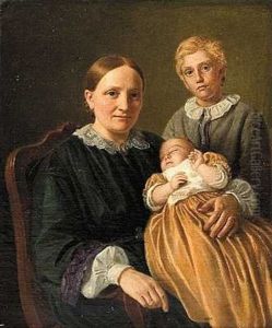 Kunstnerens Hustru Med Et Sovende Barn Og En Dreng Staaende Bag Sin Stol by Constantin Hansen