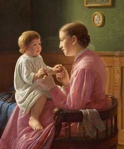 En Huslig Scene. Thora C. H. Rider Ranke Paa Signe C. H.s Skod by Constantin Hansen