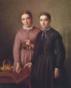 Dobbelportraet Af Krisiane Konstantin Hansen Og Marie Kobke Staaende Ved Et Sybord by Constantin Hansen