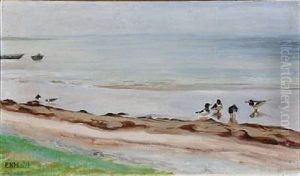 Beach Scene With Oystercatchers by Elise Konstantin Hansen