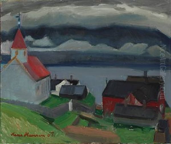 Landscape From Faroe Islands With Village And Church - view 1