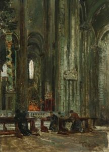 Interior From The Trento Cathedral, Italy With People In Prayer