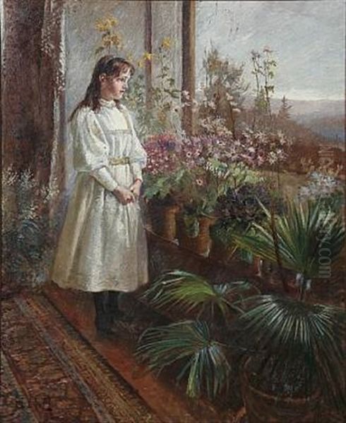A Girl In White Summer Dress Looking Out Of A Window Decorated With Colorful Flowers - view 1
