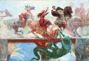 The Beautiful Maiden Rides Over The Gentle-bridge. Motif From A Danish Folk Song Harpens Kraft (study) by Hans Nikolaj Hansen