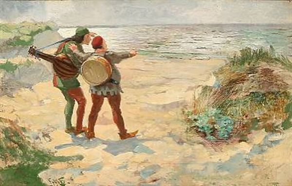Coast Scene With Two Musicians Staring At The Sea. Motif Presumably After A Folk Song - view 1