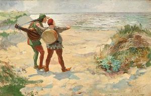 Coast Scene With Two Musicians Staring At The Sea. Motif Presumably After A Folk Song Coast Scene With Two Musicians Staring At The Sea. Motif Presumably After A Folk Song