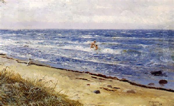 Strandparti Fra Tisvilde, Med Badende Moder Og Barn - view 1