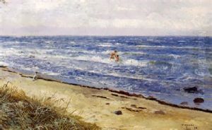 Strandparti Fra Tisvilde, Med Badende Moder Og Barn