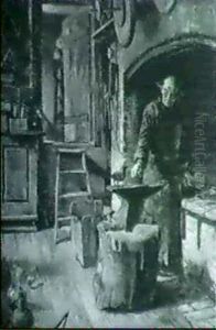 Interior Fra En Smedje, Smeden Siddende Ved Sin Esse by Hans Nikolaj Hansen
