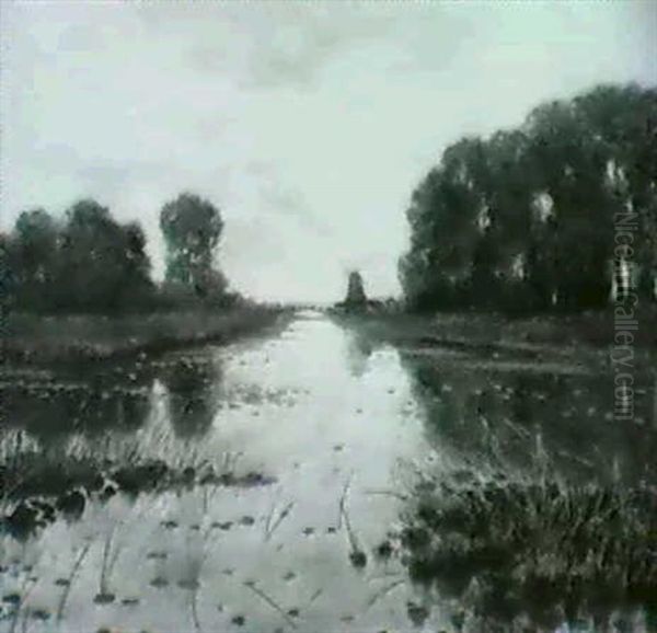 Flusslandschaft Mit Windmuhle Im Hintergrund - view 1