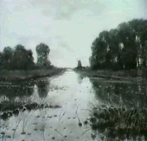 Flusslandschaft Mit Windmuhle Im Hintergrund by Hans Nikolaj Hansen