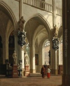Church Interior With A Monk And An Altarboy by Heinrich Hansen