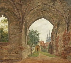Church Ruin From Nurnberg With A View Of St. Lorenz Cathedral by Heinrich Hansen