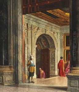 Interior From St. Peter's Basilica In Rome With Three Cardinals And A Swiss Guard by Heinrich Hansen