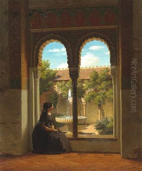 A Young Woman Contemplating Near A Fountain In Alhambra - view 1