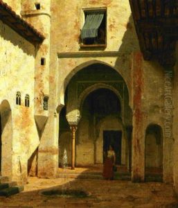 En Ung Kvinde Henter Vand Ved Et Springvand I En Maurisk Gard, Sydspanien by Heinrich Hansen