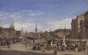 En Sommerdag Pa Hojbro Plads Mod Det Gamle Christainsborg, Borsen Og Holmens Kirke I Baggrunden by Heinrich Hansen