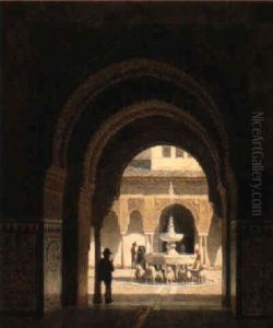 Figures In The Courtyard Of A Moorish Buildig by Heinrich Hansen