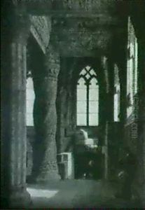 Gotisk Kirkeinterior Med Munk Og Ung Mand I Kilt by Heinrich Hansen