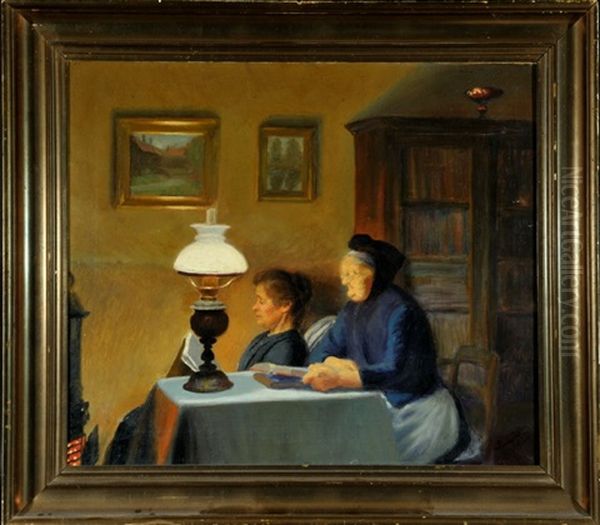 Mutter Mit Tochter Beim Abendlichen Lesen In Der Stube - view 1