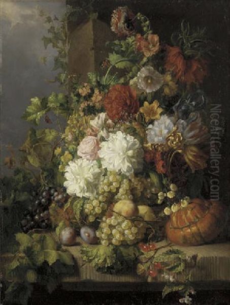 Roses, Poppies, Peonies, Tulips And Iris And Other Flowers With Peaches, Grapes, Cherries, Plums, And A Gourd On A Stone Ledge With Butterflies - view 1