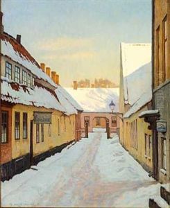Solrig Vinterdag I Byen, I Huset Til Venstre Er Der Keglebane by Jakob Hansen