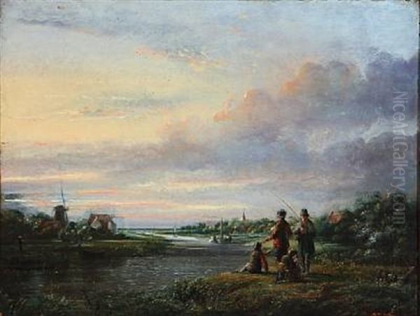 Two Men Fishing Along A River With Their Two Boys - view 1