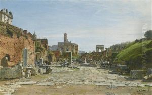 The Roman Forum With The Arch Of Titus And The Coliseum by Josef Theodor Hansen