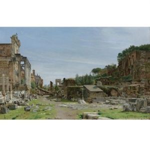 The Roman Forum: A View From The Via Sacra Looking East Towards The Arch Of Titus, The Temple Of Antoninus And Fausta To The Left, And The Palatine Rising To The Right by Josef Theodor Hansen