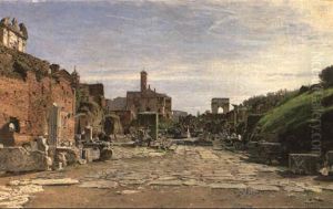 The Roman Forum With The Arch Of Titus And The Coliseum Beyond by Josef Theodor Hansen