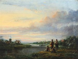 Two Men Fishing Along A River With Their Two Boys by Lambertus Johannes Hansen