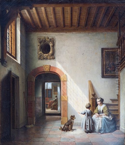 Old Dutch Interior With Woman And Child In A Hall - view 1
