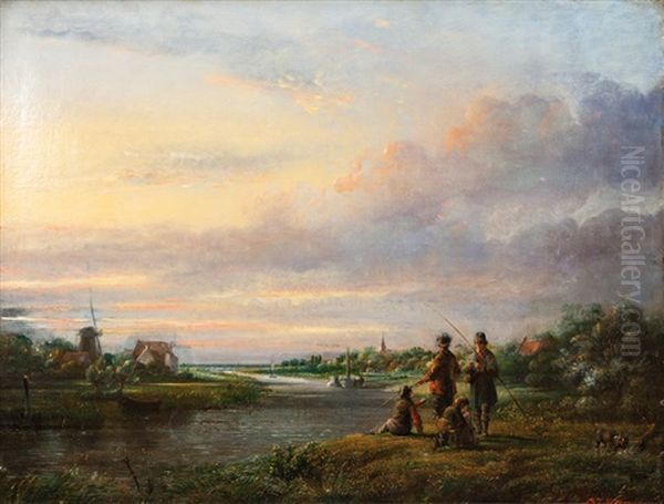 River Landscape With Paddle Steamer And Anglers - view 1