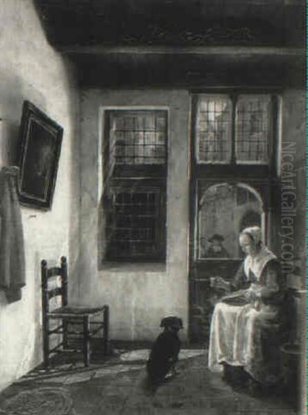Woman Sewing In An Interior - view 1