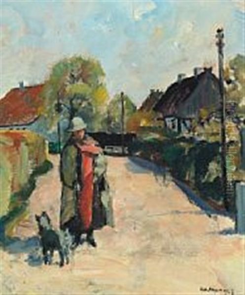 Village Street With Woman And Dog - view 1