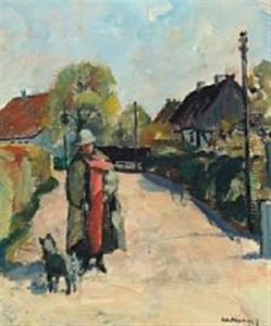 Village Street With Woman And Dog Village Street With Woman And Dog
