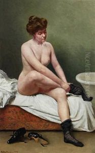 Efter Morgen Toilettet (nude Female Model Sitting On A Bed) by Niels Christian Hansen