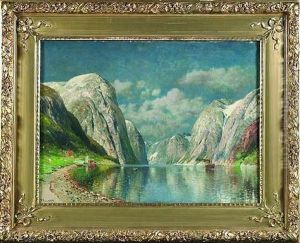 Sommerliche Fjordlandschaft Mit Einem Dampfschiff Zwischen Den Gewaltigen Bergen