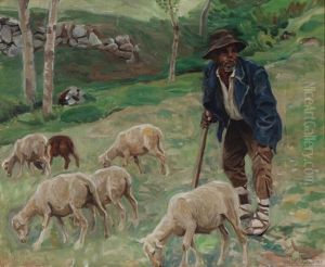 An Italian Shepherd Wit His Flock by Peter Marius Hansen