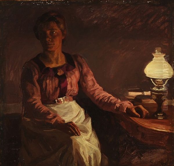 Interior With A Seated Woman Partly Lit Up By Lamplight - view 1