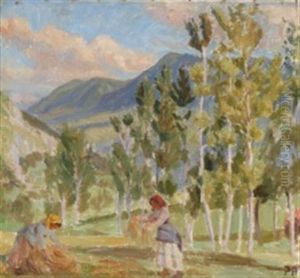 Italian Landscape With Two Girls Collecting Hay by Peter Marius Hansen