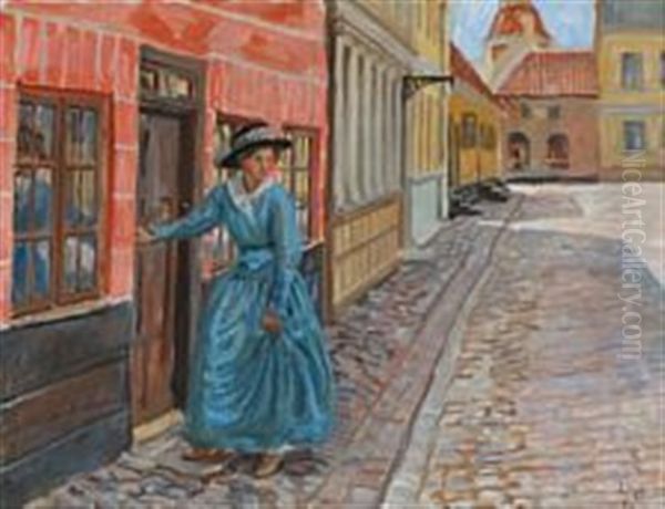 Street View With The Artist Anna Syberg Entering Her Home, Faaborg, Denmark - view 1