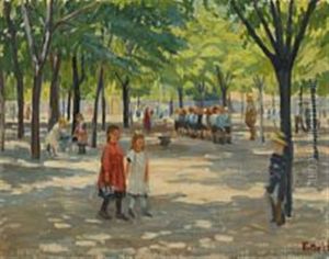 Street Scene With Children From Enghaveplads, Copenhagen by Peter Marius Hansen