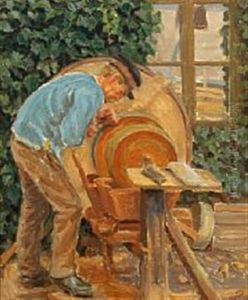 Exterior With Carpenter At The Lathe