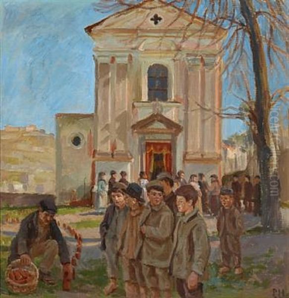 A Group Of Italian Boys In Front Of A Church - view 1