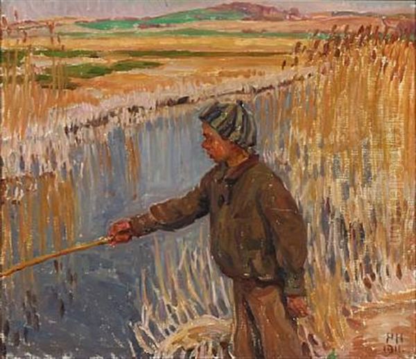 A Boy Fishing At A Stream - view 1