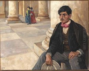 Young Man Outside A Church. In The Background Two Walking Women. Italy